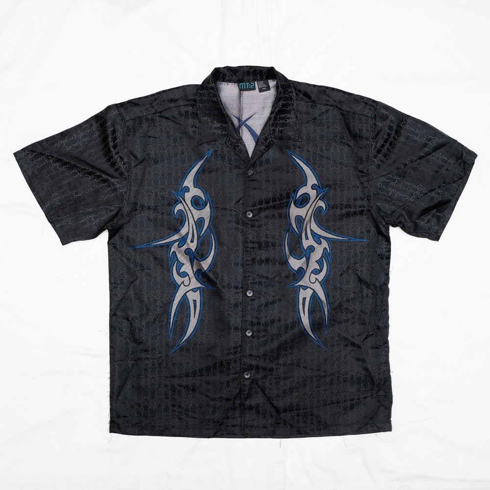 Vintage Y2k Embroidered‎ Tribal Sigilism Metallic MT:2 Short Sleeve Button Up